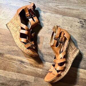 a.n.a  Massey Sandals Tan Strappy Wedge Heels Women’s Size 7 M Zipper Brown